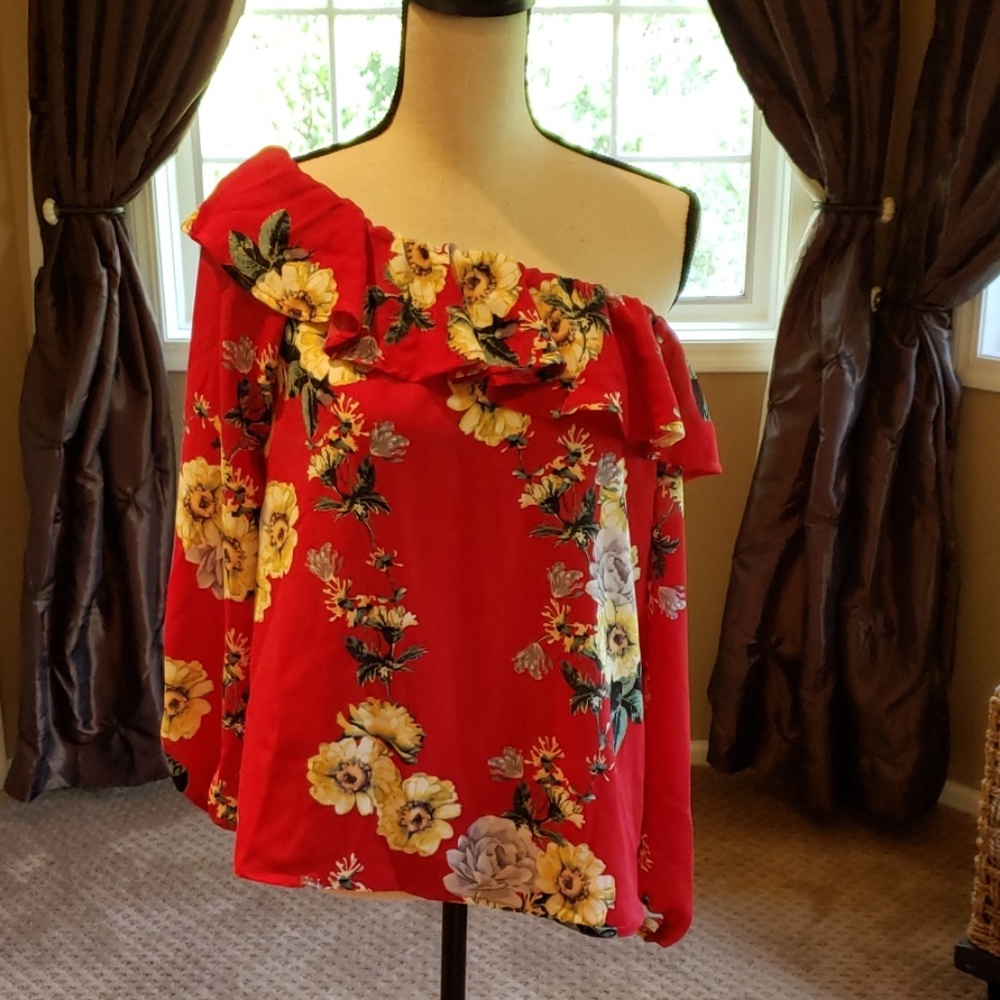 Red flowered off the shoulder blouse